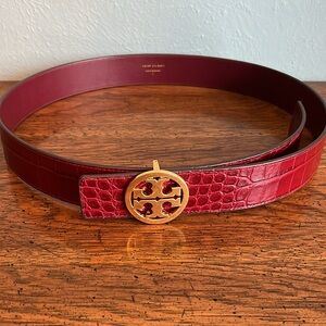 Tory Burch dark red embossed alligator print leather belt